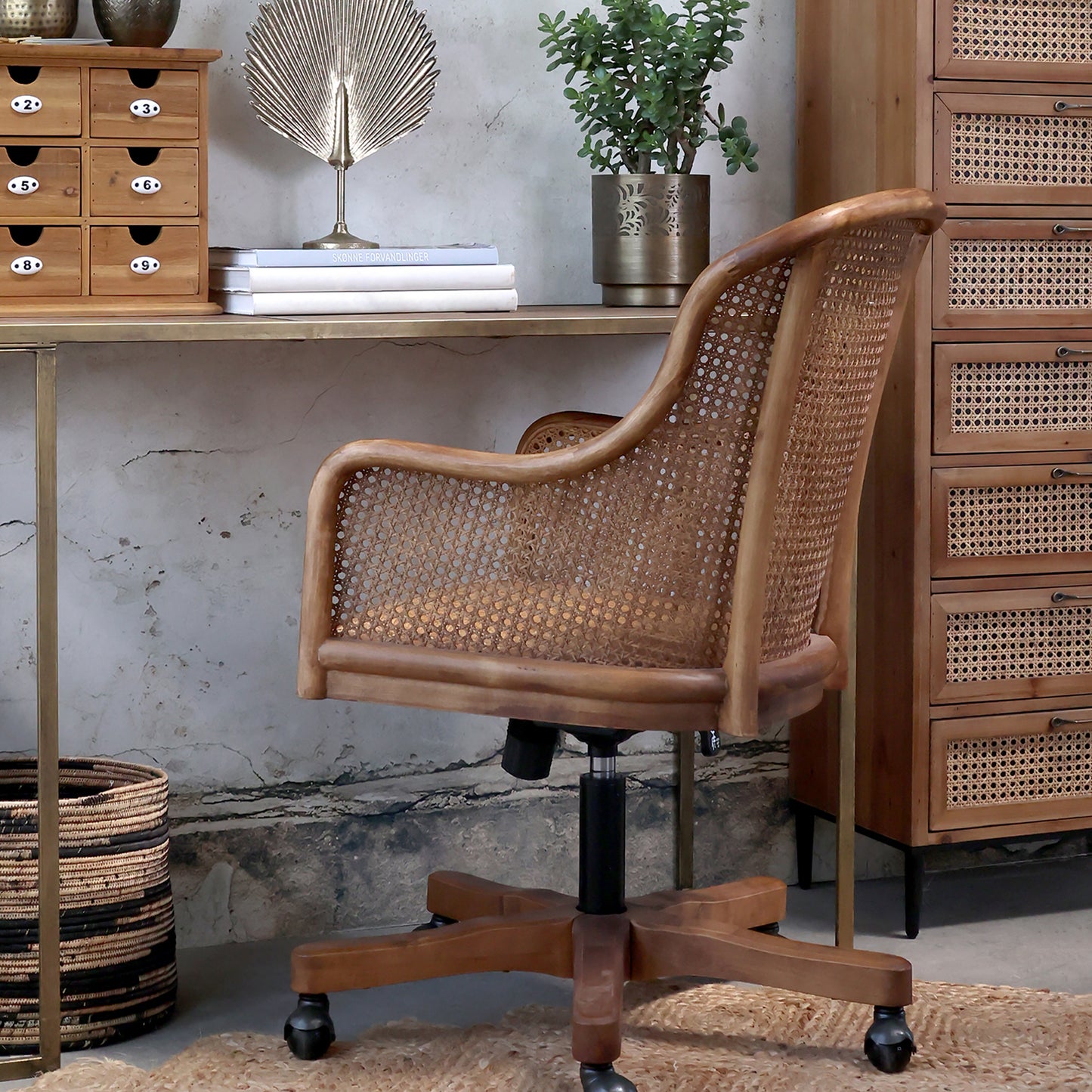 French Wicker High Back Swivel Desk Chair