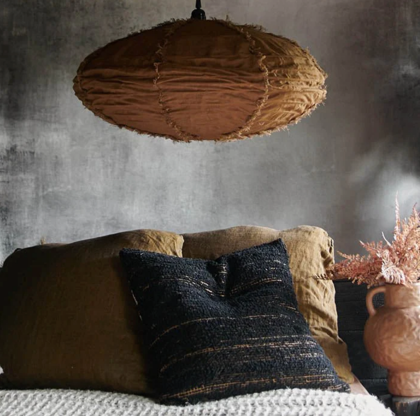 Frayed Caramel Linen Pendant Shade - M